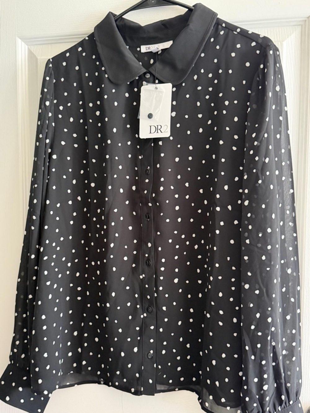 DR2 Black Polka Dot Button-Up Blouse women size XL new
